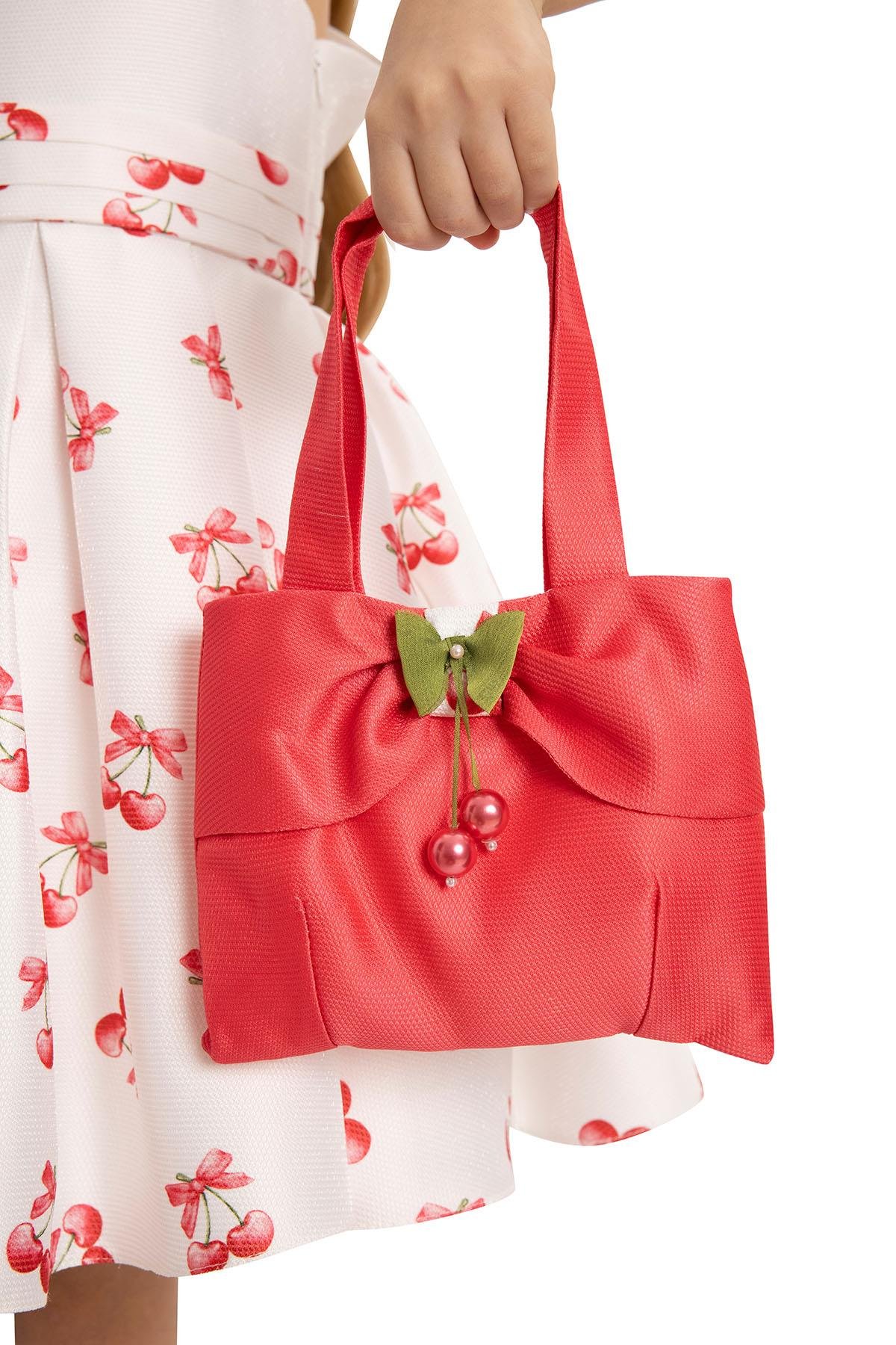 Pamina Kız Çocuk Kiraz Baskı Çantalı Elbise 3-7 Yaş Ekru