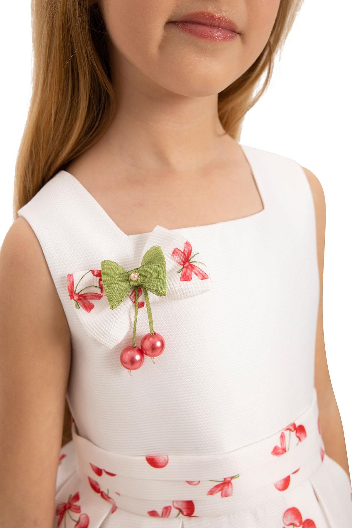 Pamina Kız Çocuk Kiraz Baskı Çantalı Elbise 3-7 Yaş Ekru