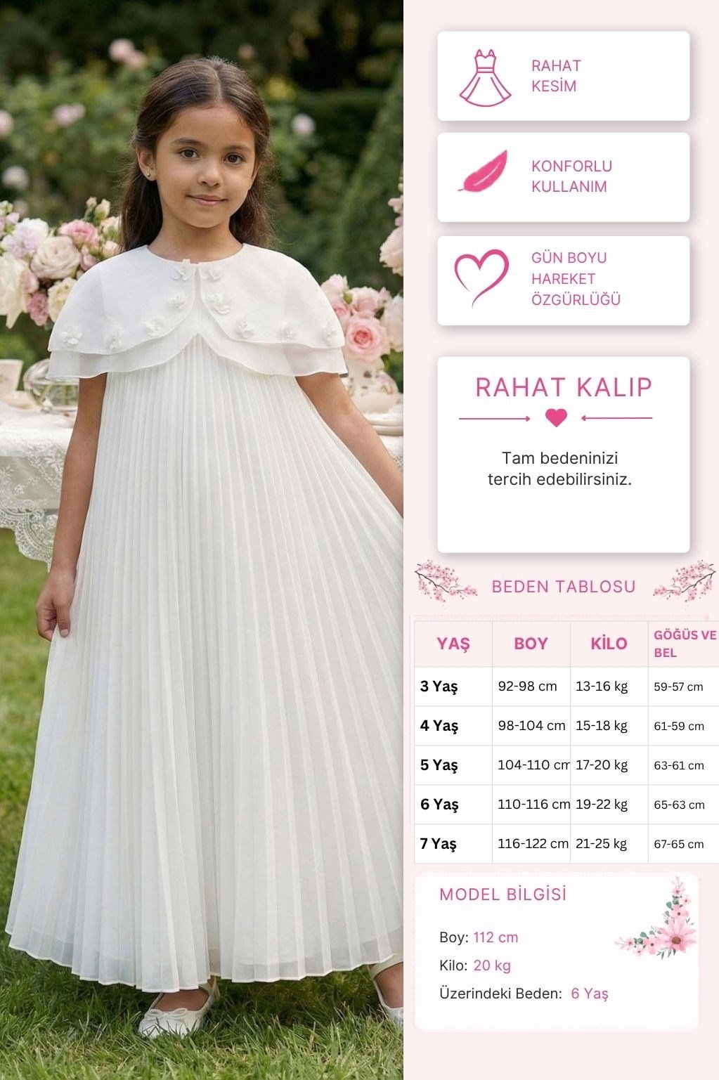 Pamina Kız Çocuk Pileli Maksi Çıkarılabilir Pelerinli Elbise 3-7 Yaş Ekru