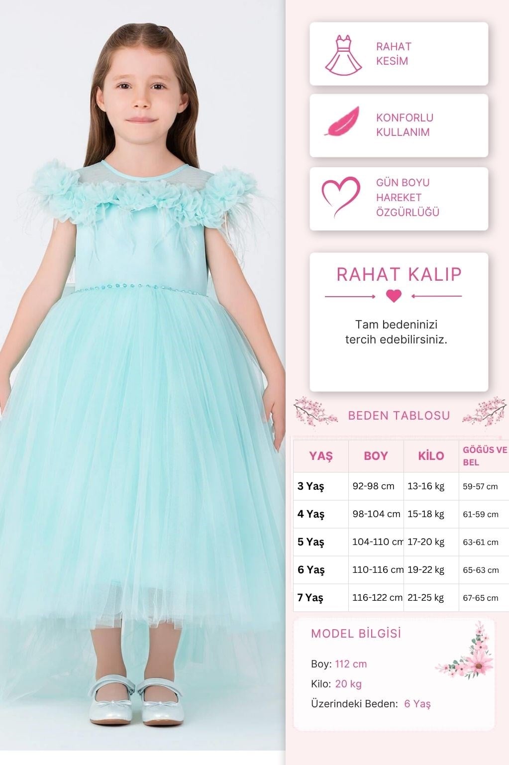 Pamina Kız Çocuk Prenses Elbise 3-7 Yaş Mint