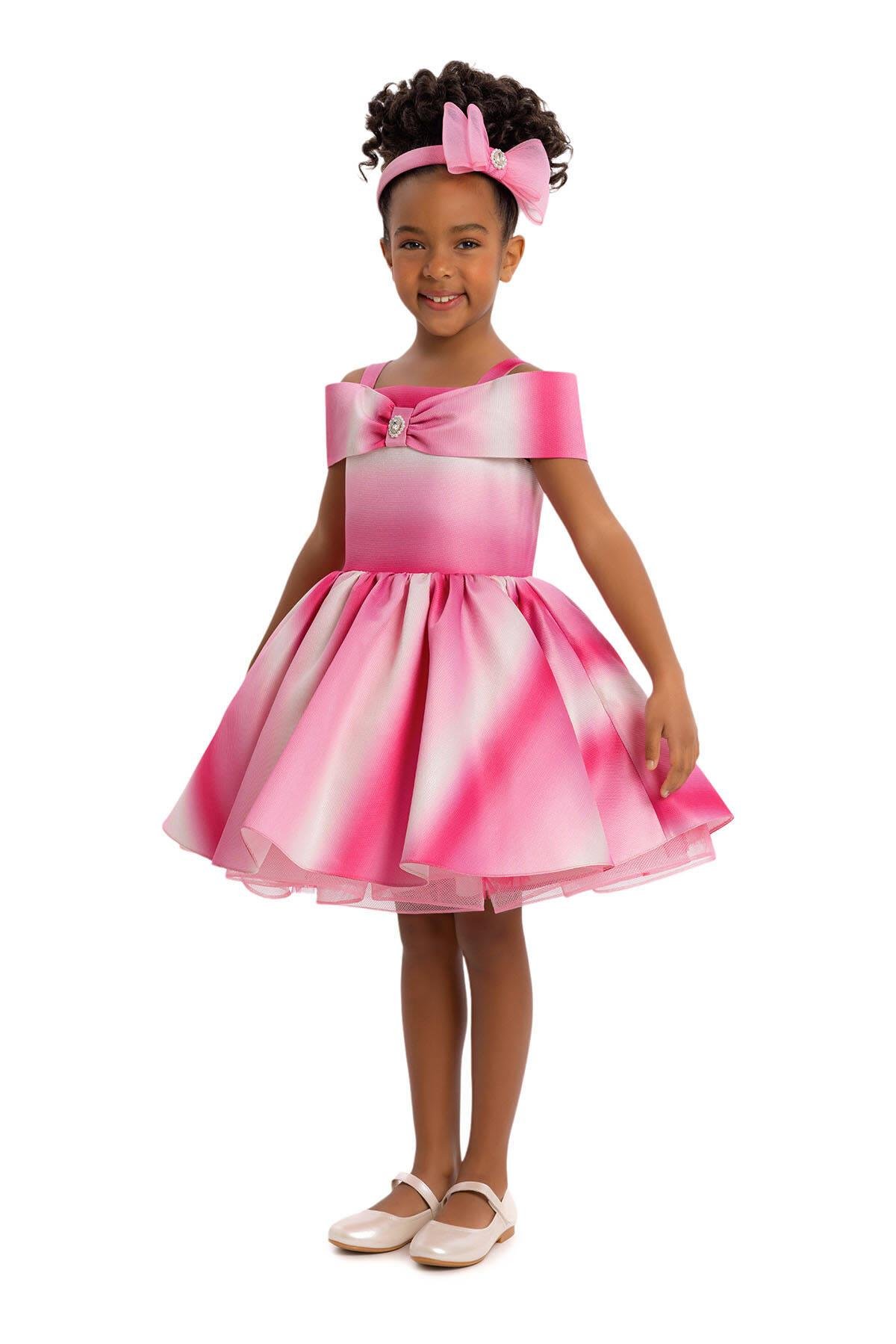 Pamina Kız Çocuk Prenses Yaka Abiye Elbise 3-7 Yaş Fuşya