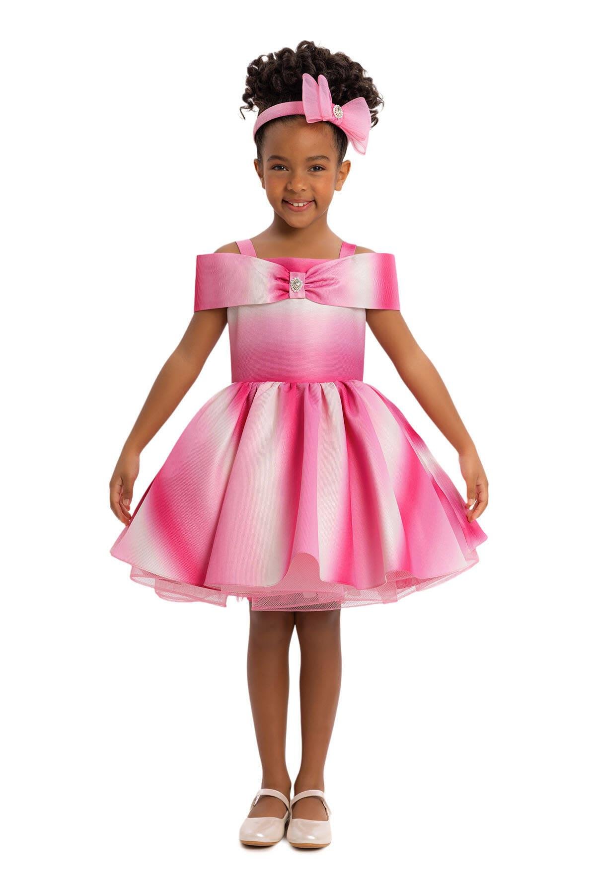 Pamina Kız Çocuk Prenses Yaka Abiye Elbise 3-7 Yaş Fuşya