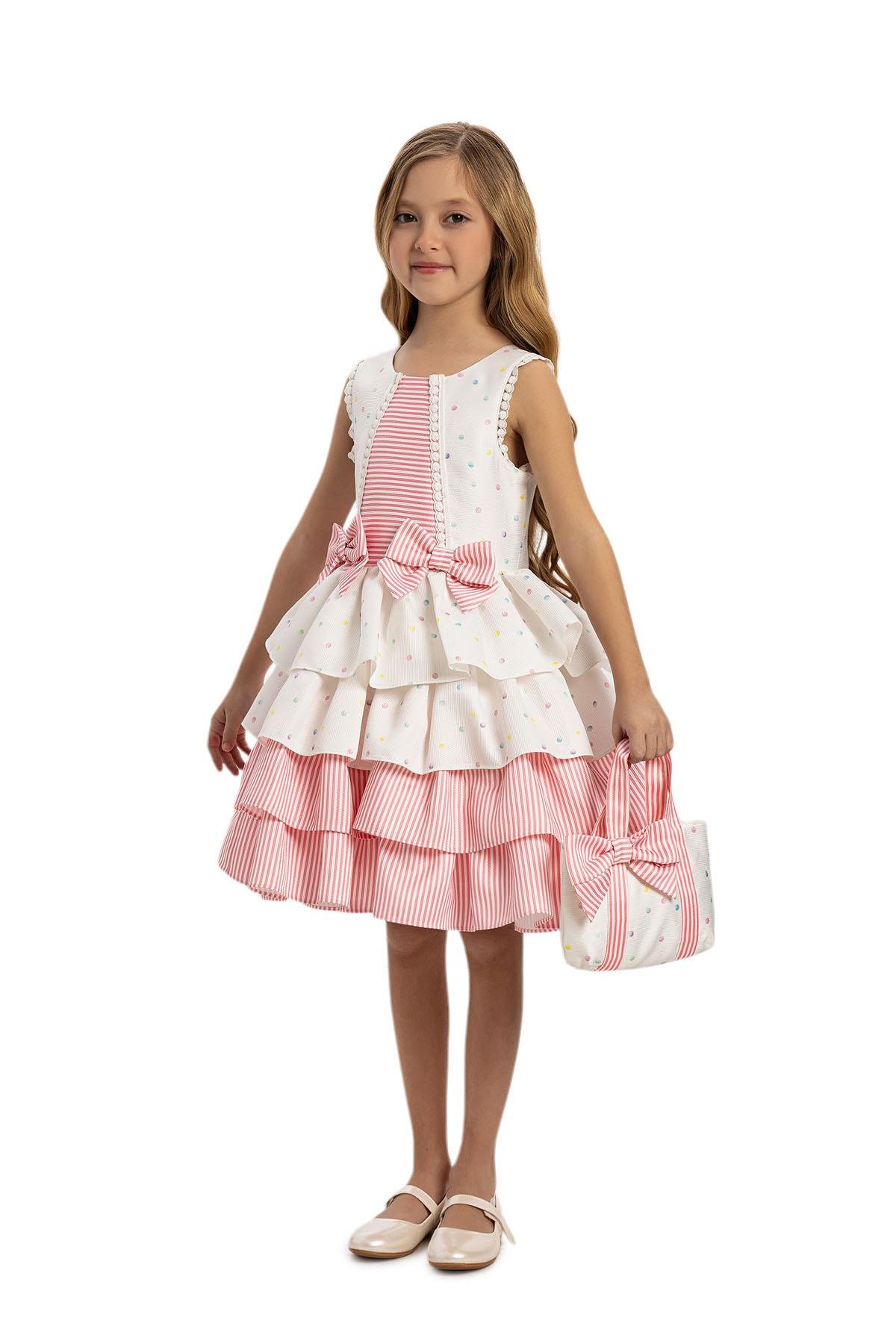 Pamina Kız Çocuk Puantiyeli Katmanlı Elbise 3-7 Yaş Pembe