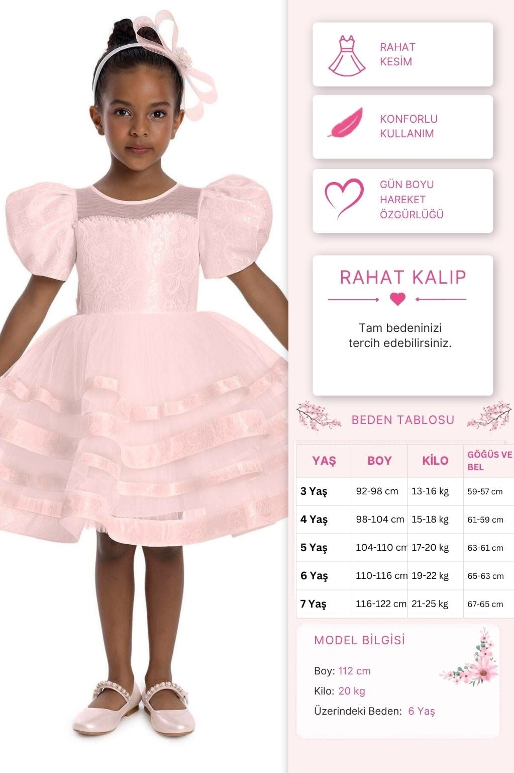 Pamina Kız Çocuk Puf Kollu Elbise 3-7 Yaş Pudra