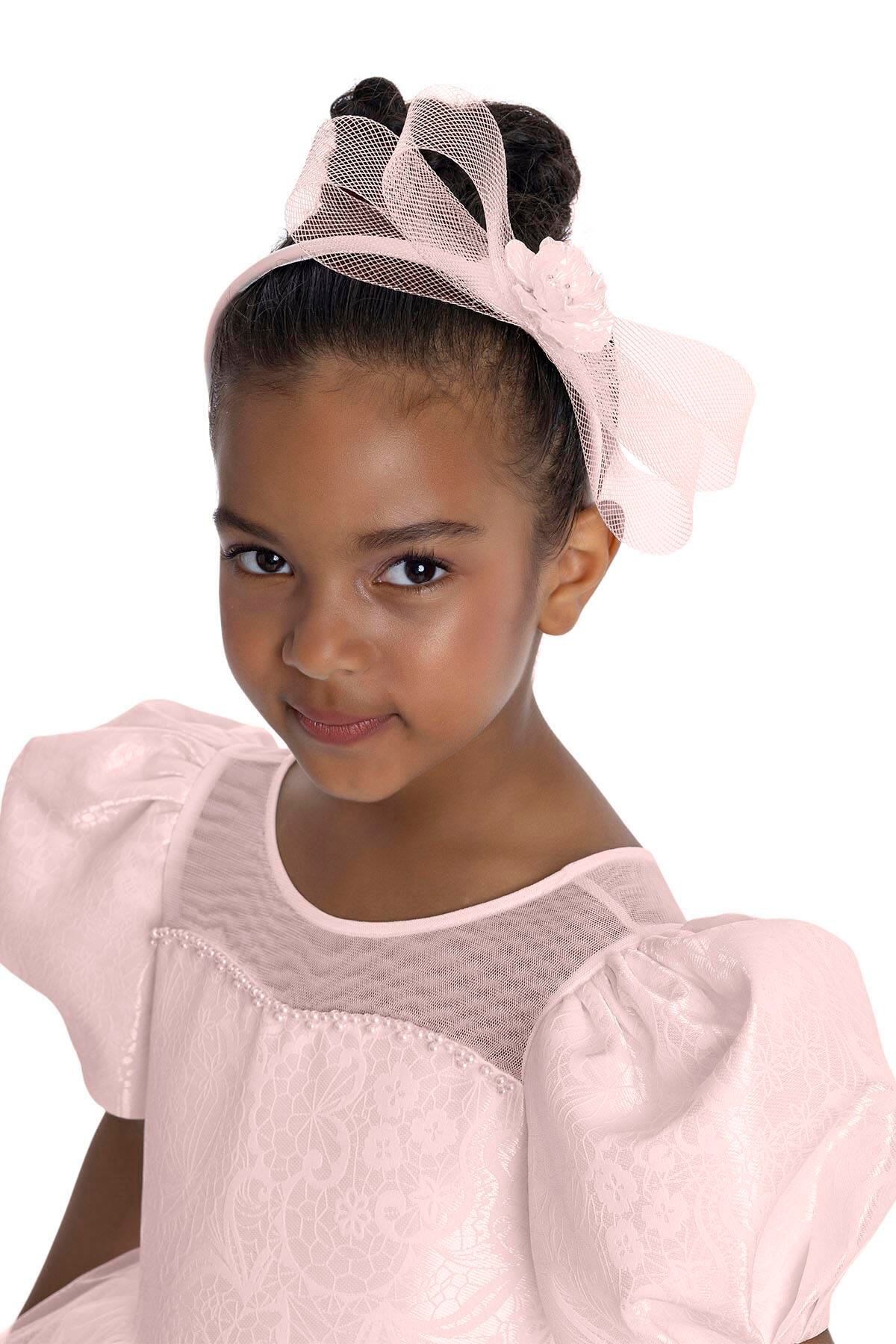 Pamina Kız Çocuk Puf Kollu Elbise 3-7 Yaş Pudra