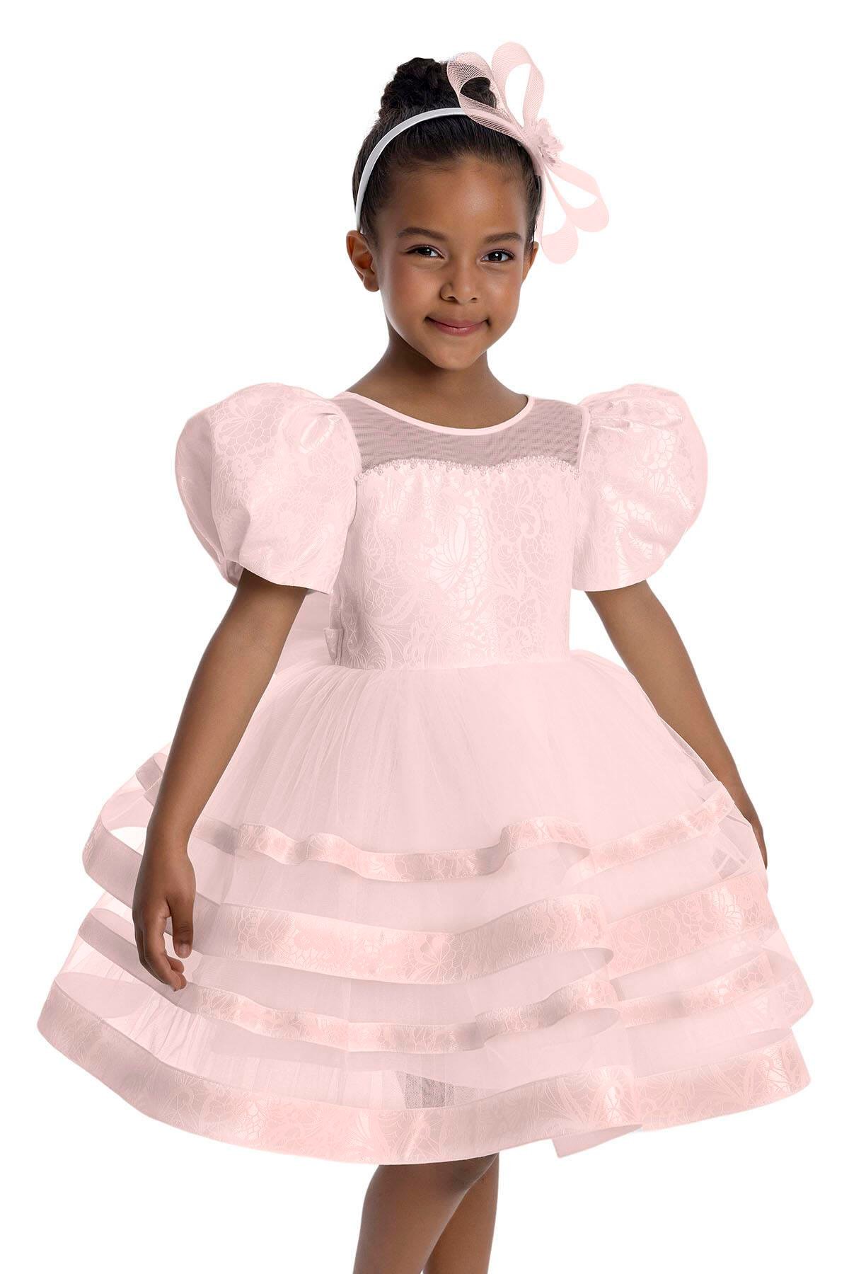 Pamina Kız Çocuk Puf Kollu Elbise 3-7 Yaş Pudra