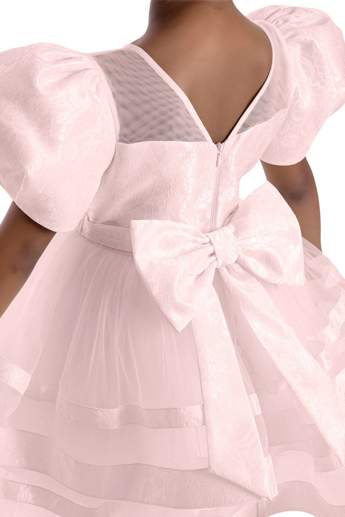 Pamina Kız Çocuk Puf Kollu Elbise 3-7 Yaş Pudra