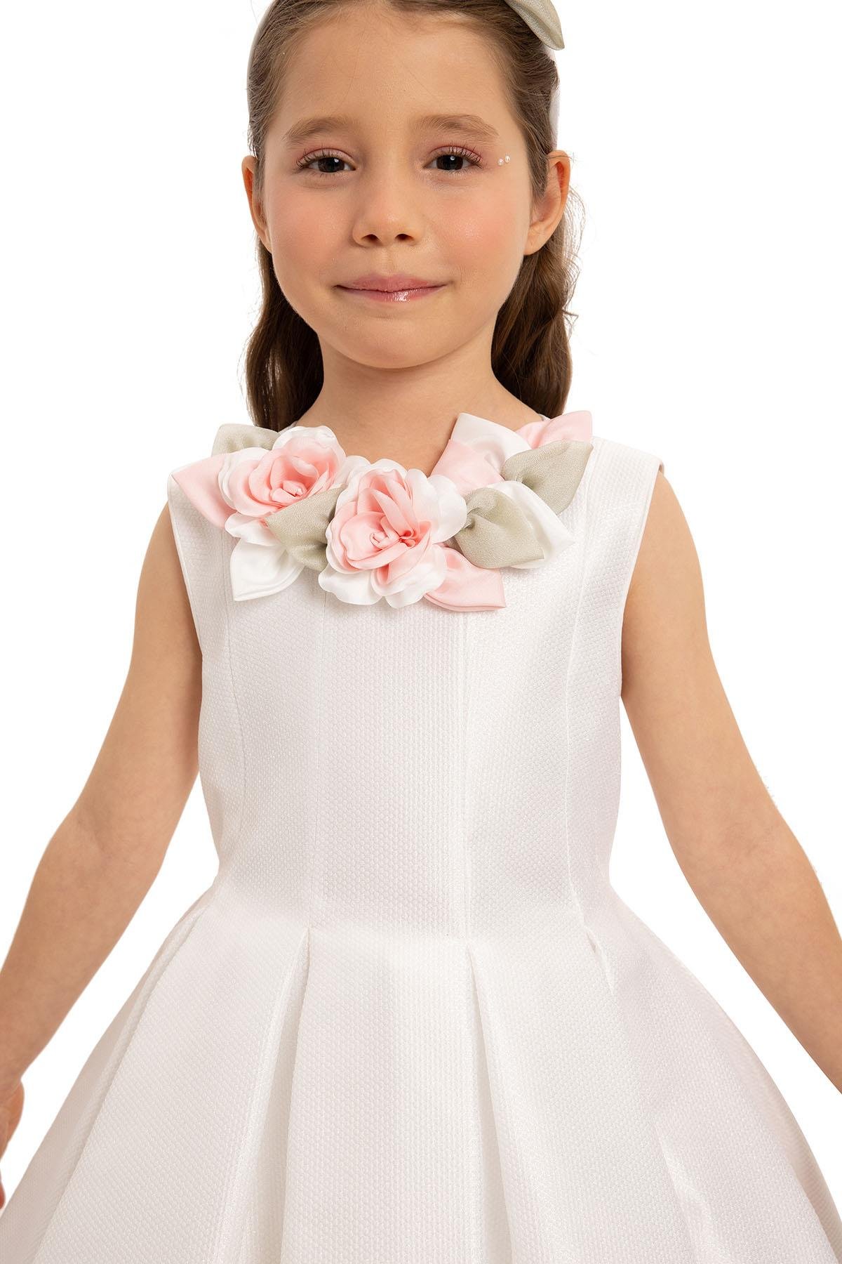Pamina Kız Çocuk Saç Aksesuarlı Elbise 3-7 Yaş Ekru