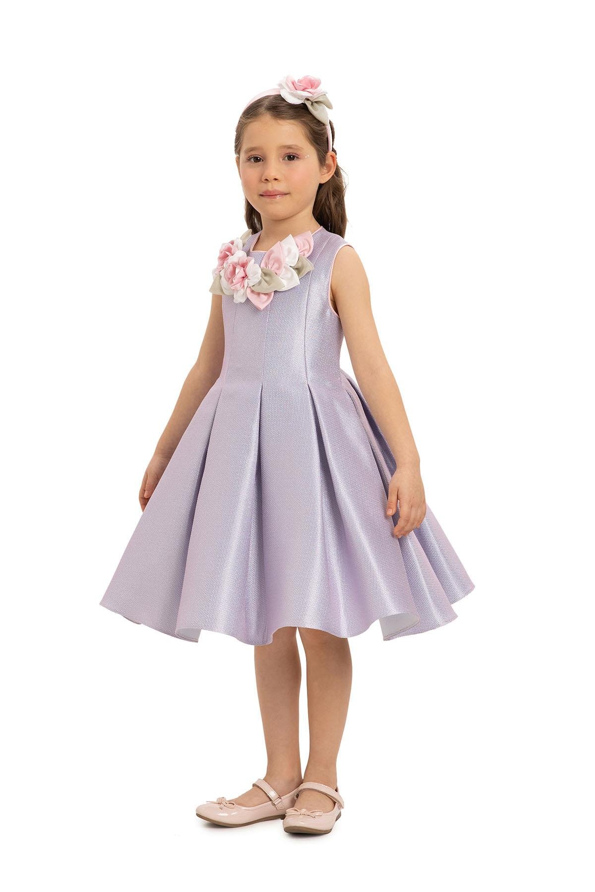 Pamina Kız Çocuk Saç Aksesuarlı Elbise 3-7 Yaş Lila