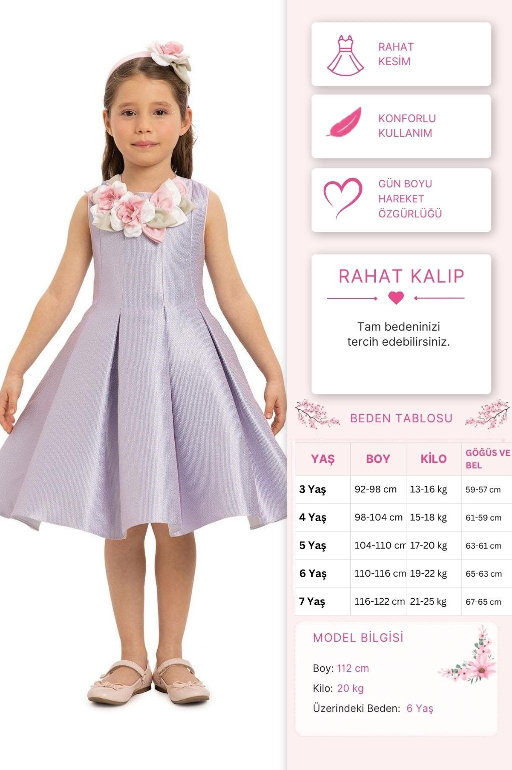 Pamina Kız Çocuk Saç Aksesuarlı Elbise 3-7 Yaş Lila