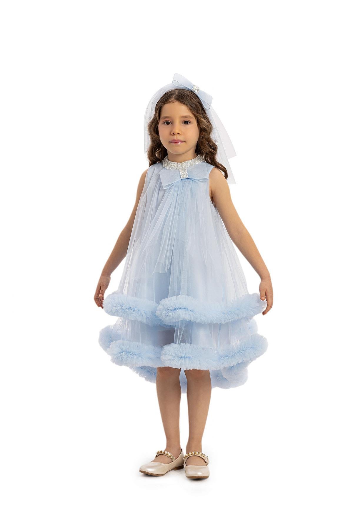 Pamina Kız Çocuk Saç Bantlı Tül Elbise 3-7 Yaş Mavi