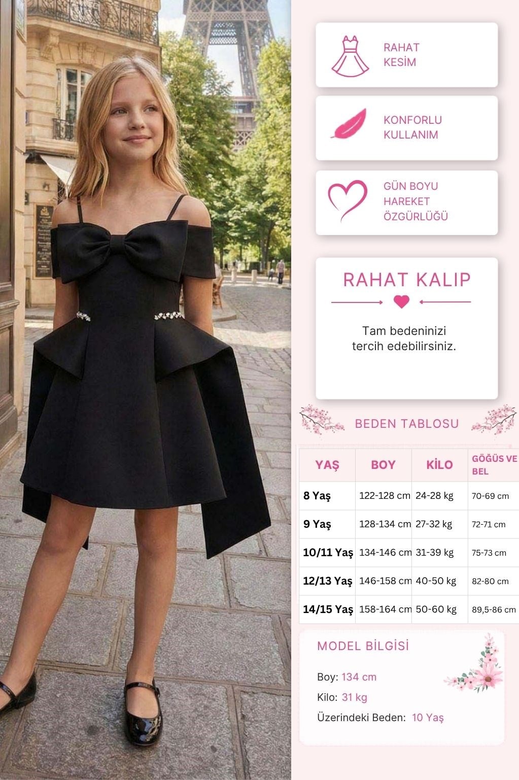 Pamina Kız Çocuk Saten Fiyonklu Omuz Detaylı Elbise 8-15 Yaş Siyah