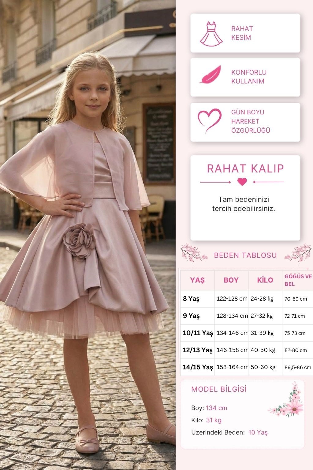 Pamina Kız Çocuk Şeffaf Pelerinli Saten Parti Elbise 8-15 Yaş Pembe
