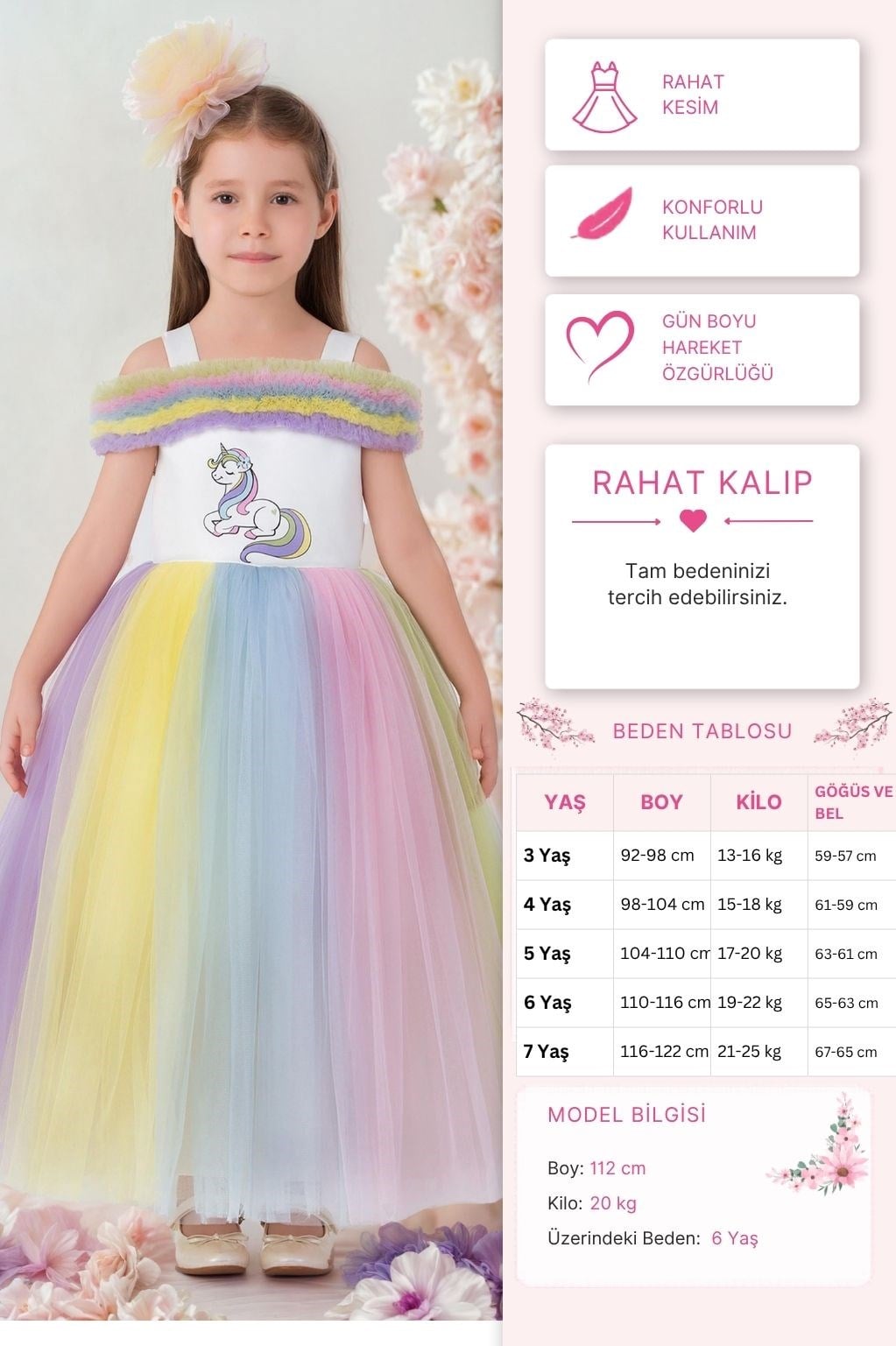 Pamina Kız Çocuk Unicor Elbise 3-7 Yaş Gökkuşağı