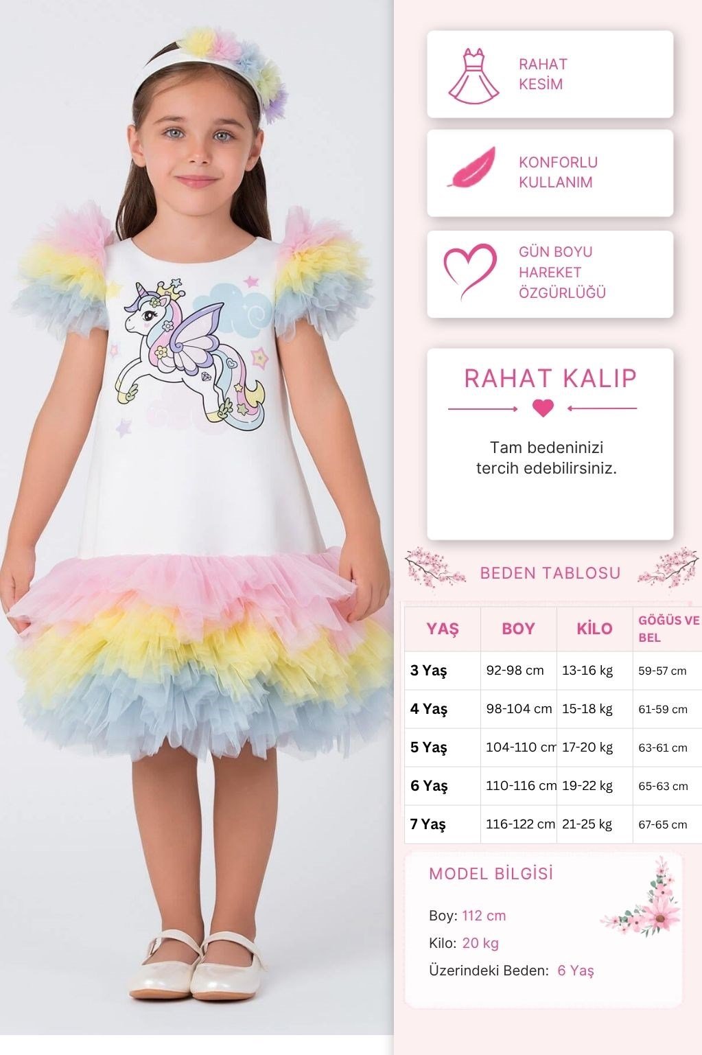 Pamina Kız Çocuk Unicorn Elbisesi 3-7 Yaş Beyaz