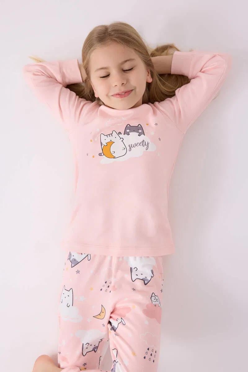 RP3461-2 KEDİLİ PİJAMA TAKIMI 2/8 KIZ ROLLY PEMBE