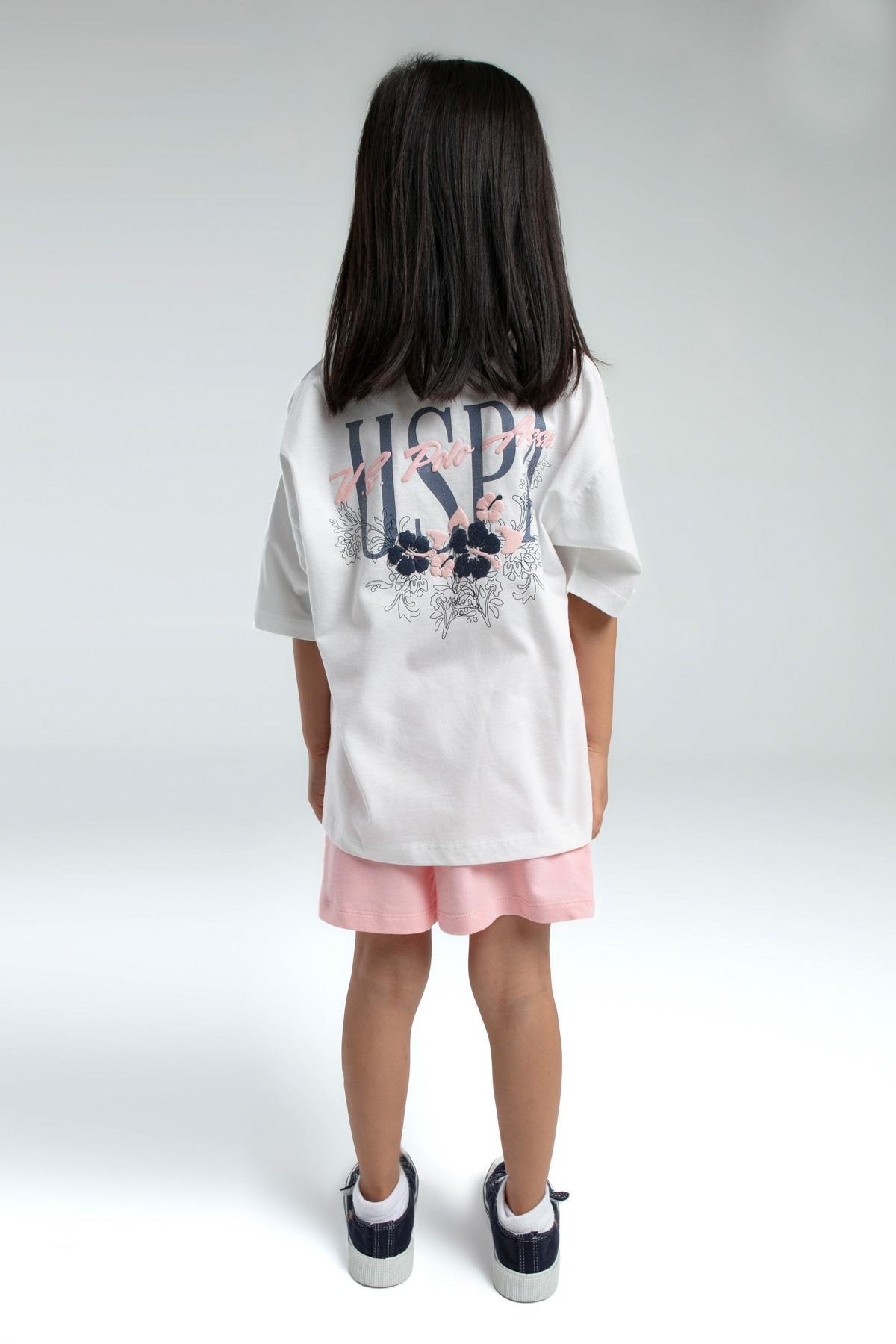 U.S. Polo Kız Çocuk Sırt Baskılı Şortlu Takım 4-15 Yaş Beyaz