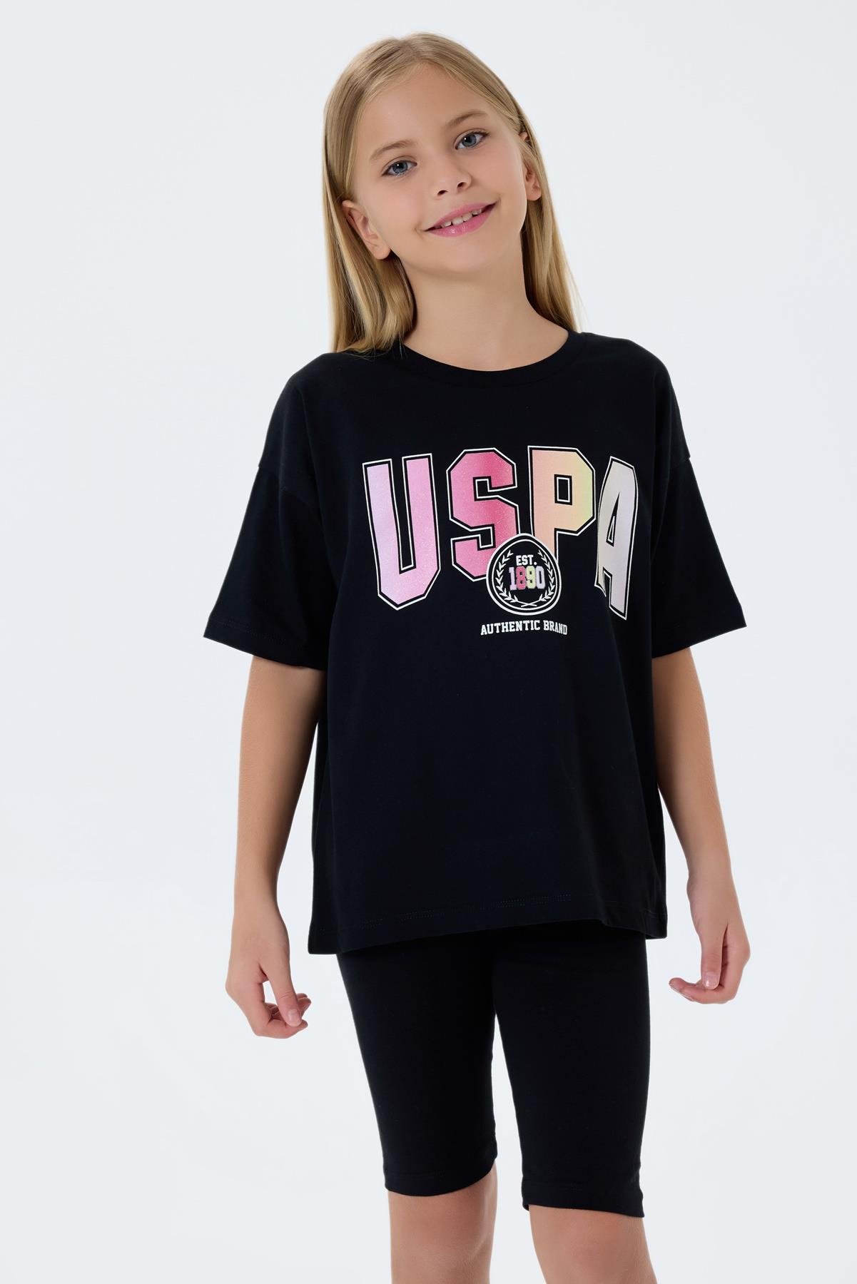 U.S. Polo Assn Kız Çocuk Baskılı Taytlı Takım 4-15 Yaş Siyah