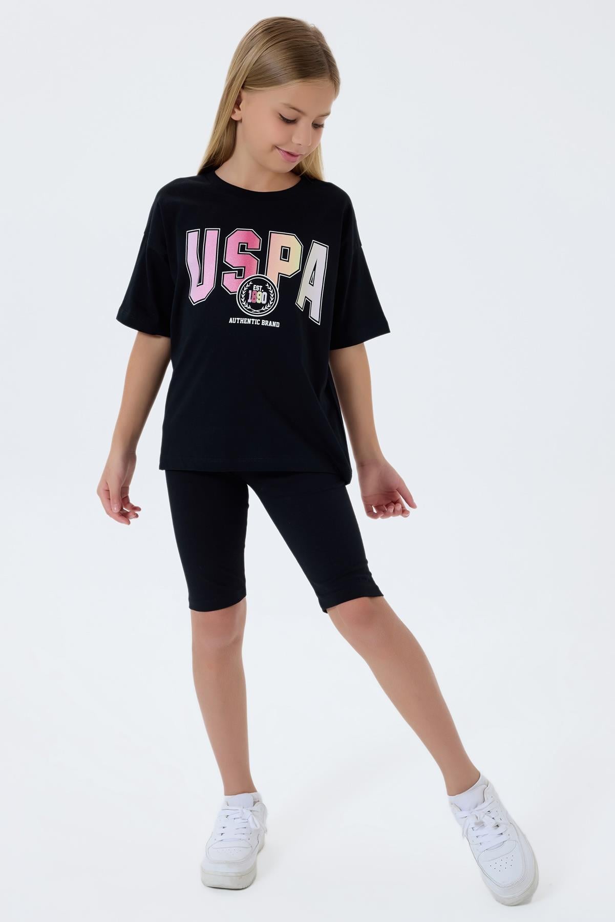 U.S. Polo Assn Kız Çocuk Baskılı Taytlı Takım 4-15 Yaş Siyah