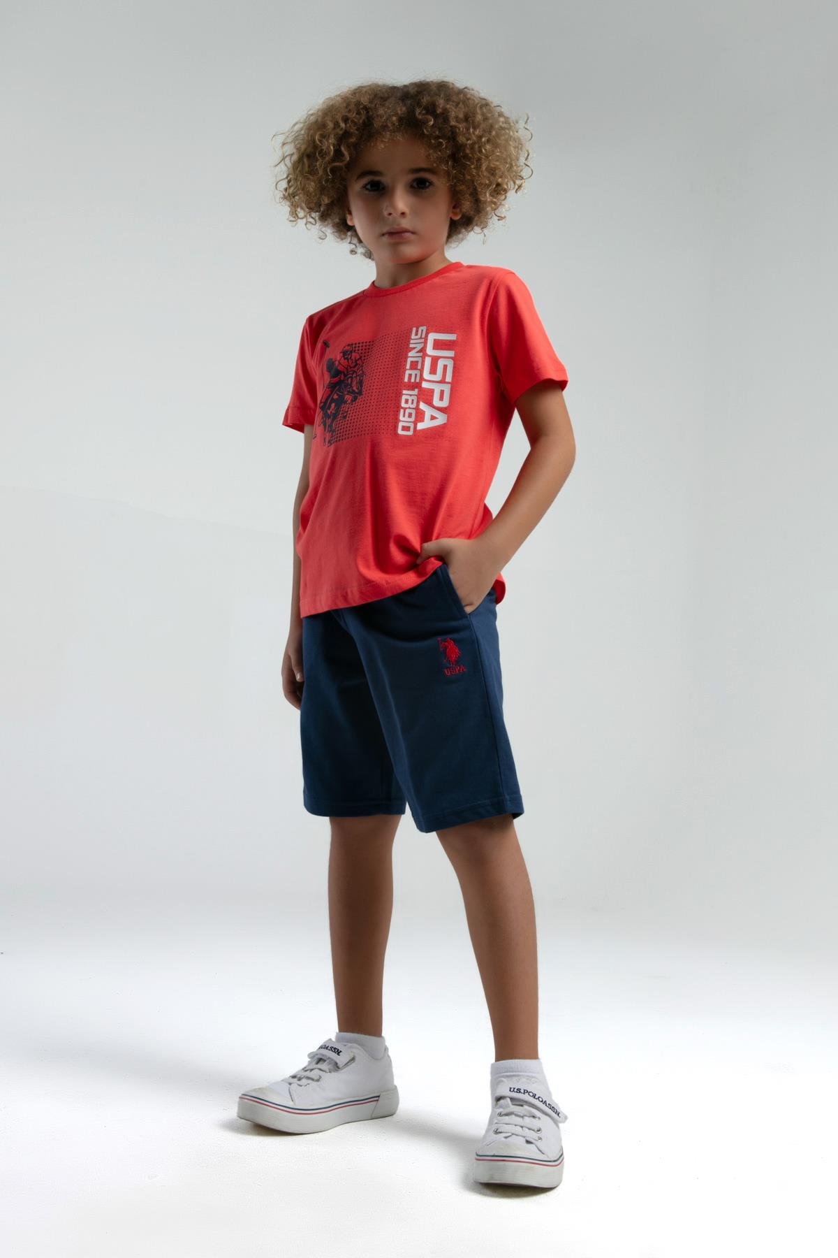 U.S. Polo Erkek Çocuk Baskılı Şortlu Takım 4-15 Yaş Nar Çiçeği