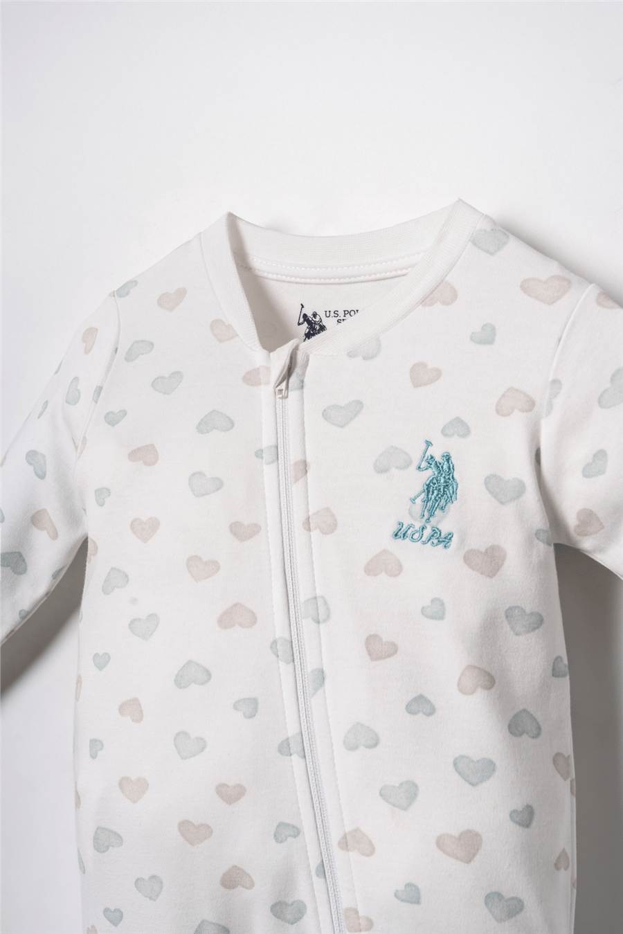 U.S. Polo Assn. Baskılı Kız Bebek %100 Pamuk Cute Hearts Tulum 03-9 Ay Beyaz