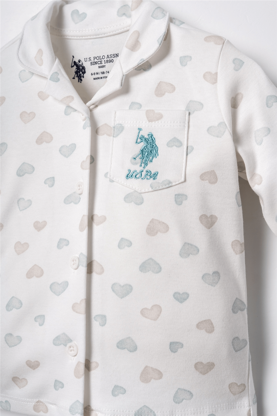 U.S. Polo Assn. Nakışlı Kız Bebek %100 Pamuk Cute Hearts Beyaz Gömlek Pijama Takımı 6-36 Ay Beyaz