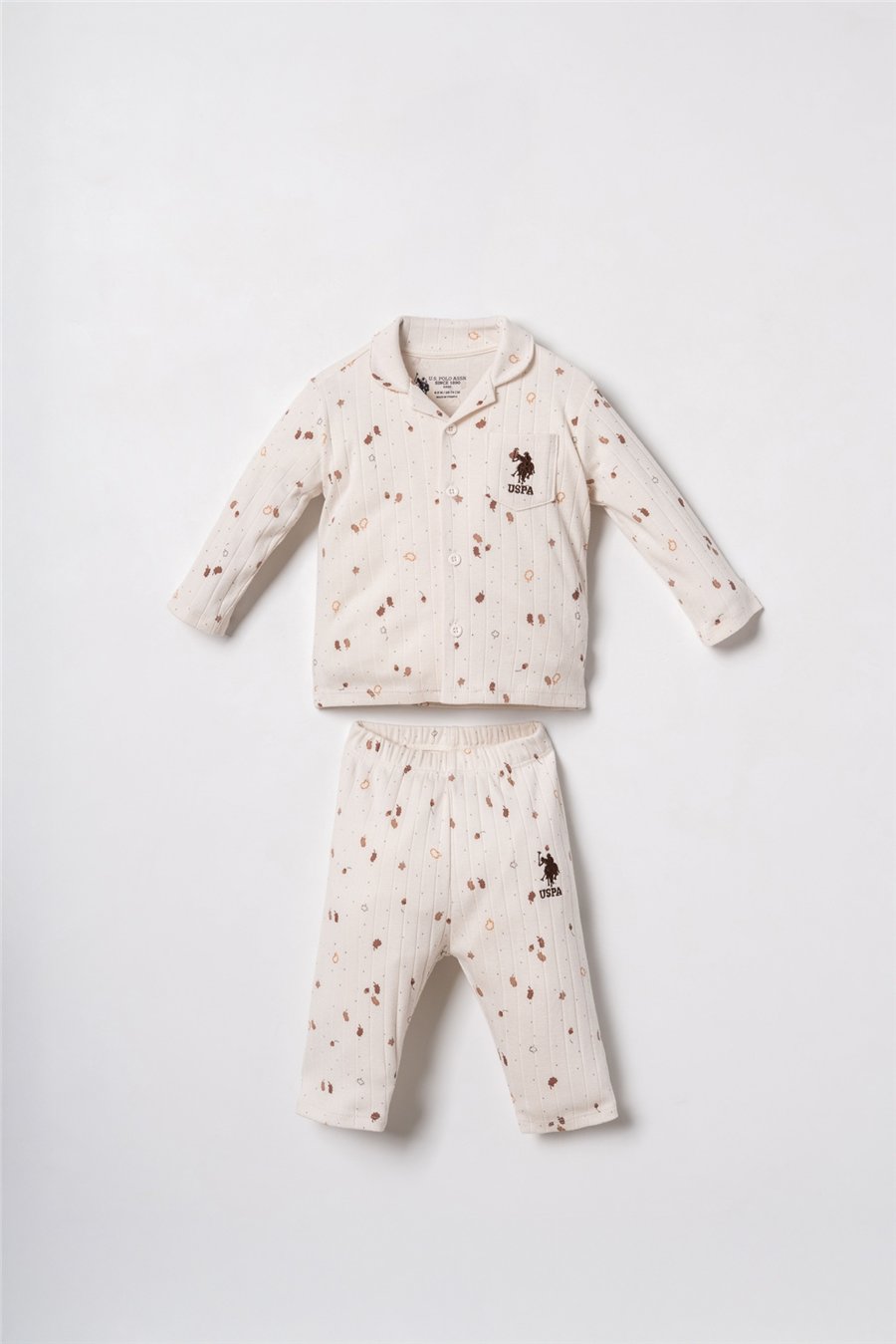 U.S. Polo Assn. Erkek Bebek %100 Pamuk Falling Leaves Gömlek Pijama Takımı Ekru