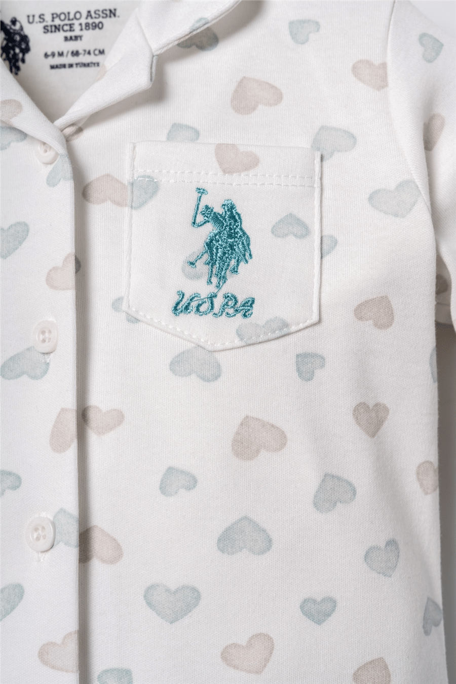 U.S. Polo Assn. Nakışlı Kız Bebek %100 Pamuk Cute Hearts Beyaz Gömlek Pijama Takımı 6-36 Ay Beyaz