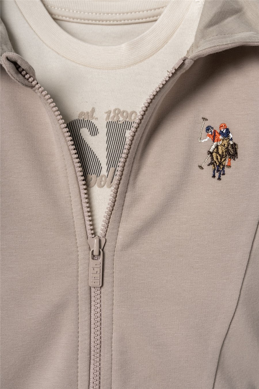 U.S. Polo Assn. Erkek Bebek Nakışlı Yeşil Hırkalı Eşofman Takım 6-36 Ay Bej