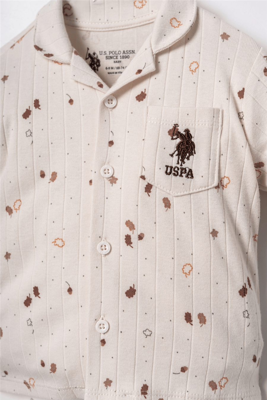 U.S. Polo Assn. Erkek Bebek %100 Pamuk Falling Leaves Gömlek Pijama Takımı Ekru