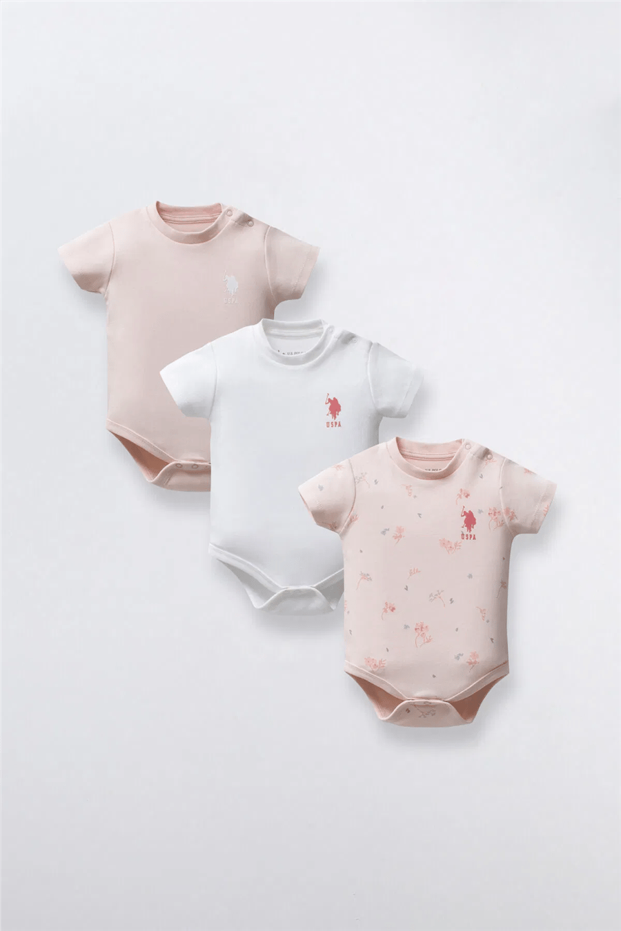 U.S. Polo Assn. Kız Bebek Pamuklu Bisiklet Yaka Pigment Baskılı Yazlık Regular Fit  Badi Zıbın 3-24 Ay Pudra