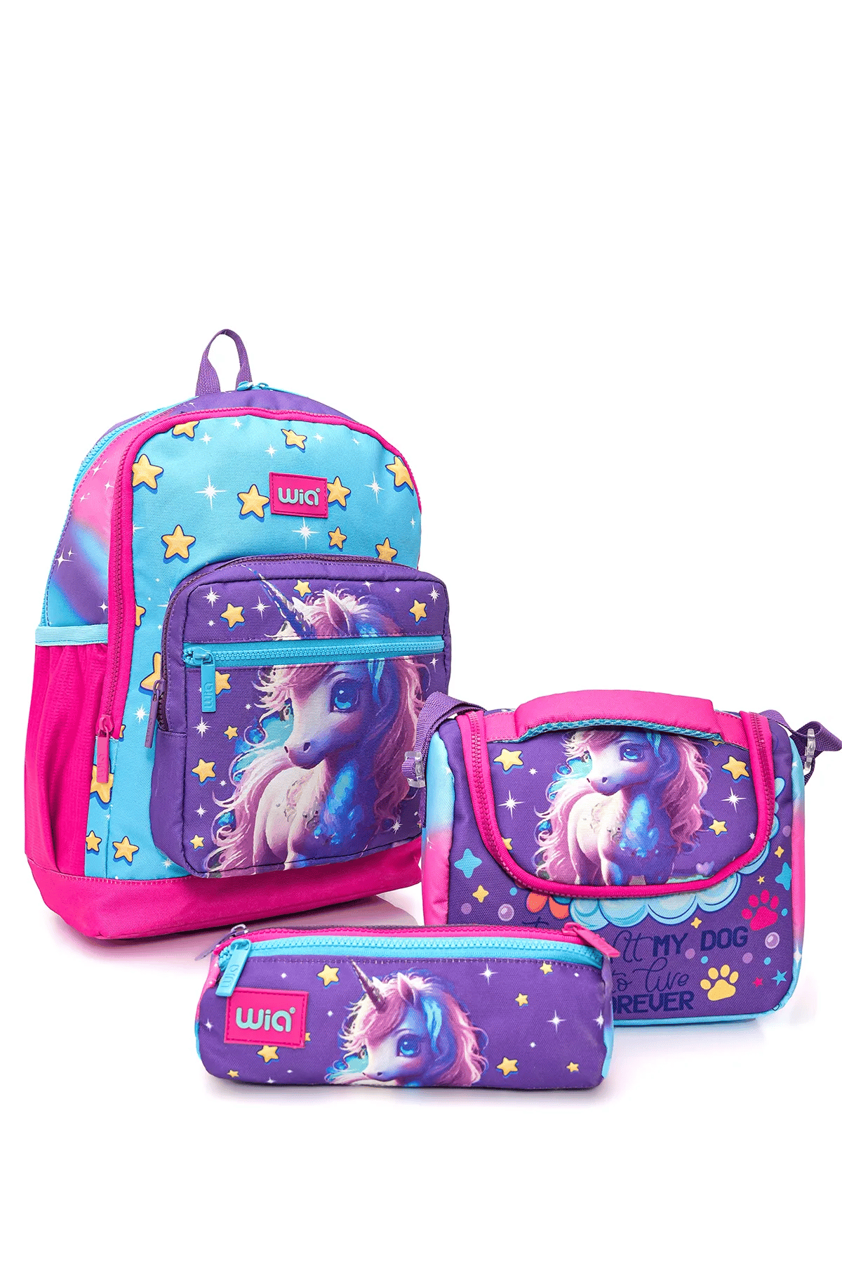 Wia Kız Çocuk Unicorn Desenli 3'lü Okul Çanta Seti Pembe