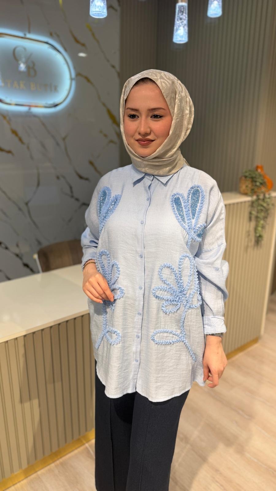 05468 NAKIŞ DETAY GÖMLEK - MAVİ