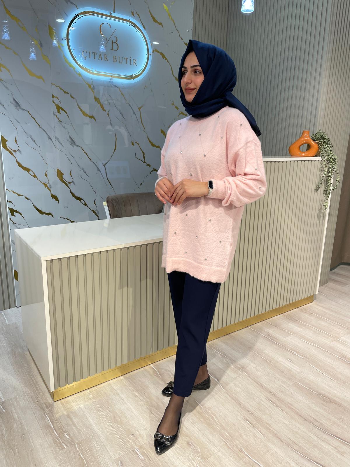 25061 TAŞLI TRİKO TUNİK-PEMBE
