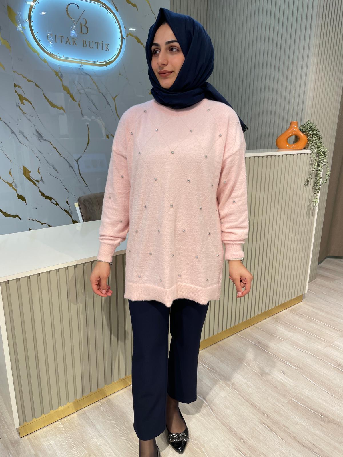 25061 TAŞLI TRİKO TUNİK-PEMBE