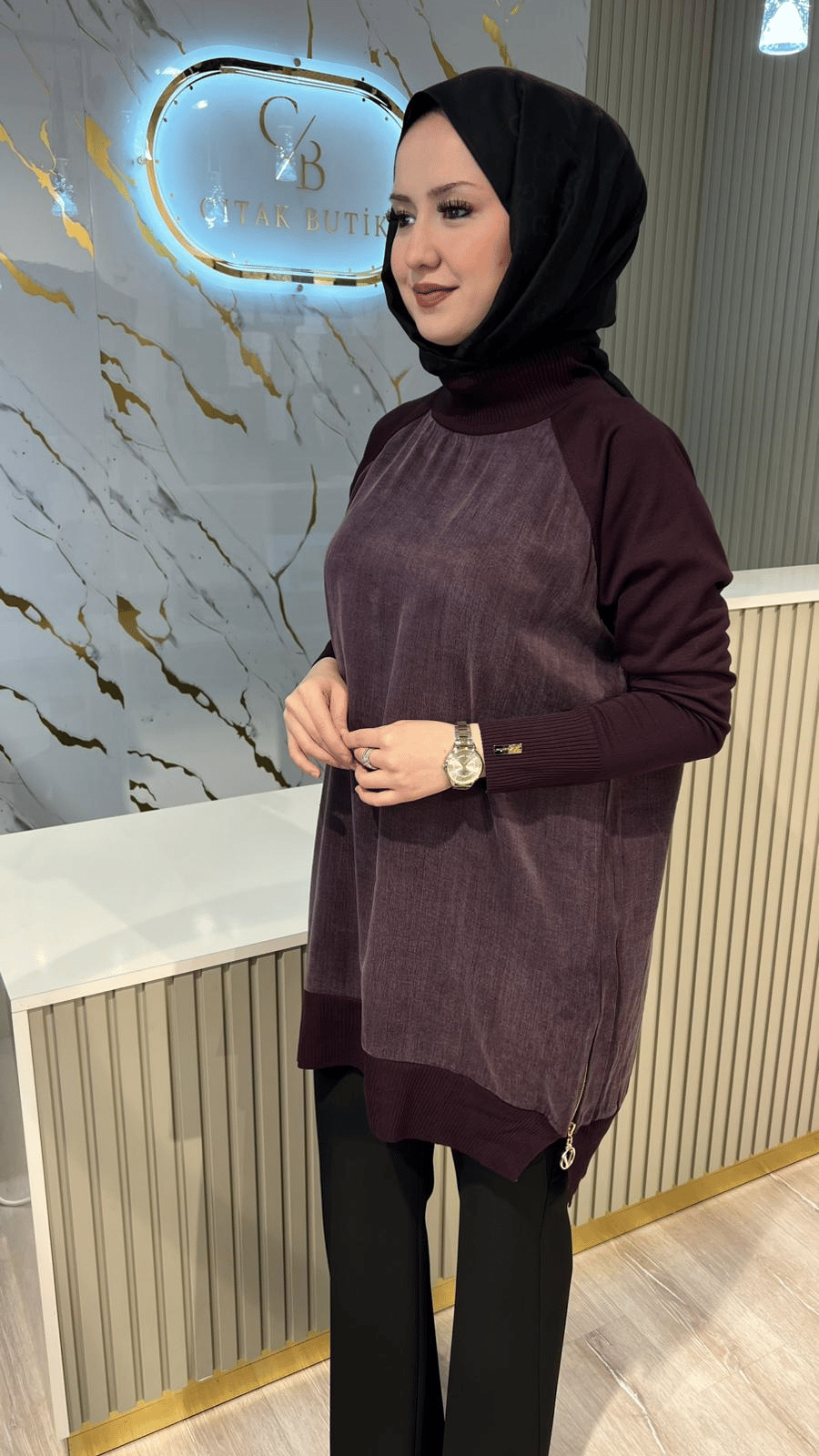 286 FERMUARLI DÜZ QUPRA TUNİK-MOR