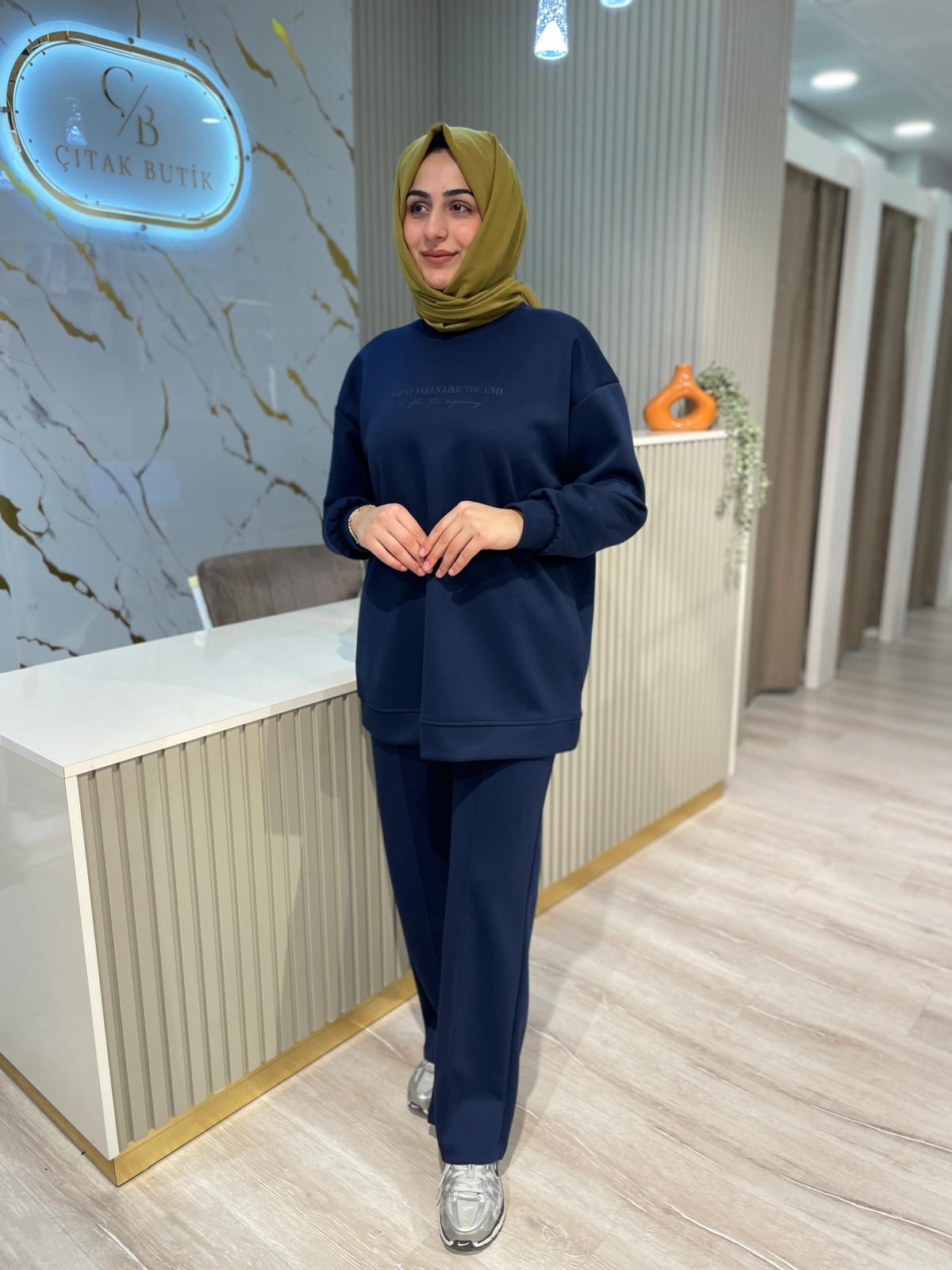 35798 TANOTAN BASKILI GENİŞ PAÇALI PANTOLONLU TAKIM-LACİVERT