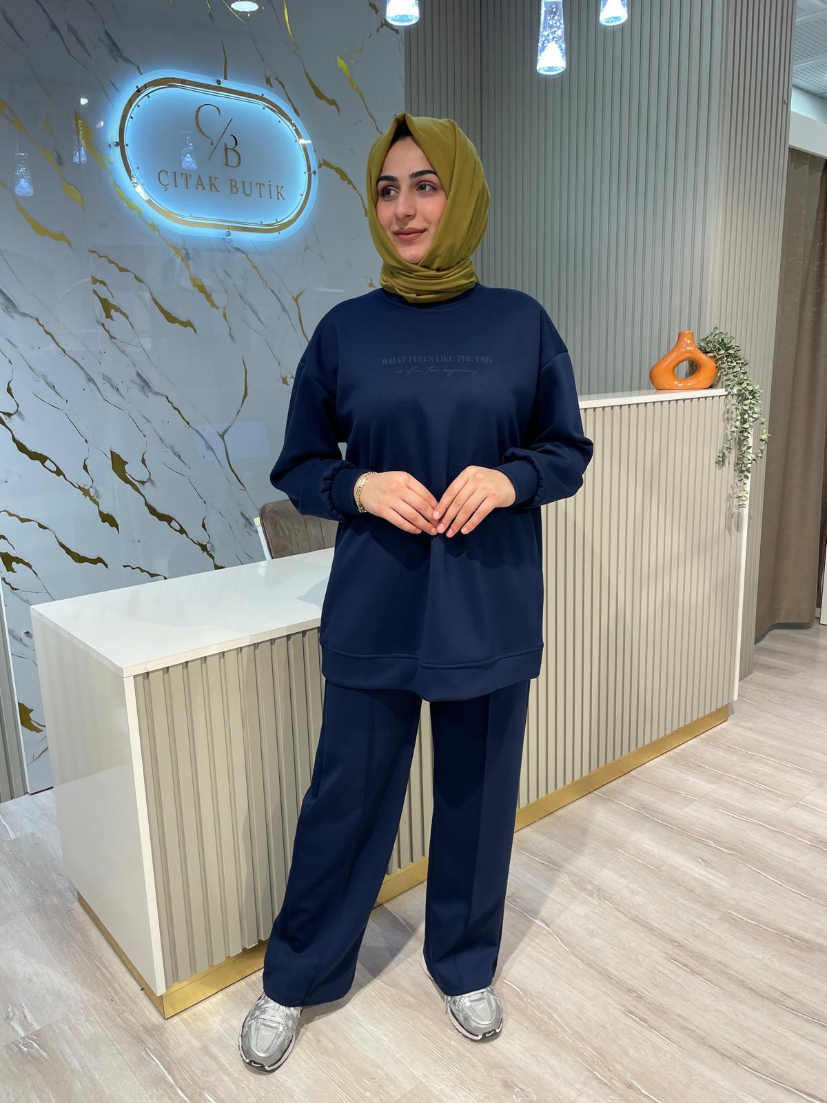 35798 TANOTAN BASKILI GENİŞ PAÇALI PANTOLONLU TAKIM-LACİVERT