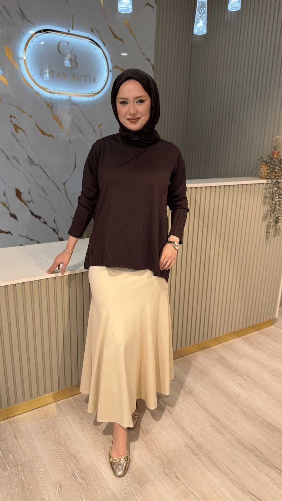 36139 ÇİZGİ DESEN  MERSERİZE BLUZ - ACI KAHVE