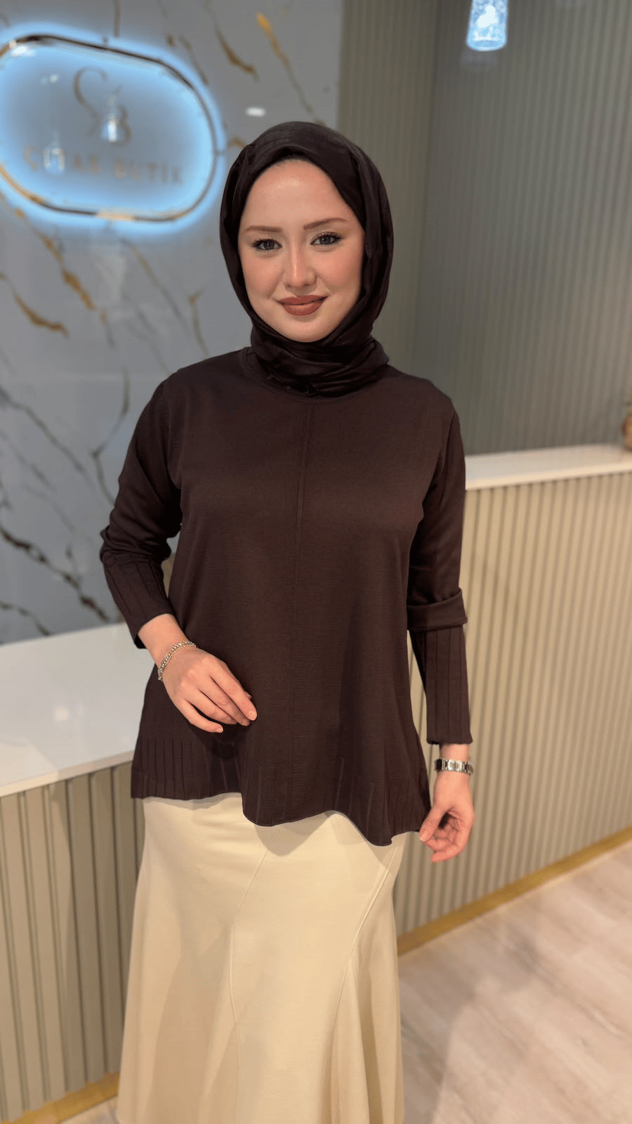 36139 ÇİZGİ DESEN  MERSERİZE BLUZ - ACI KAHVE