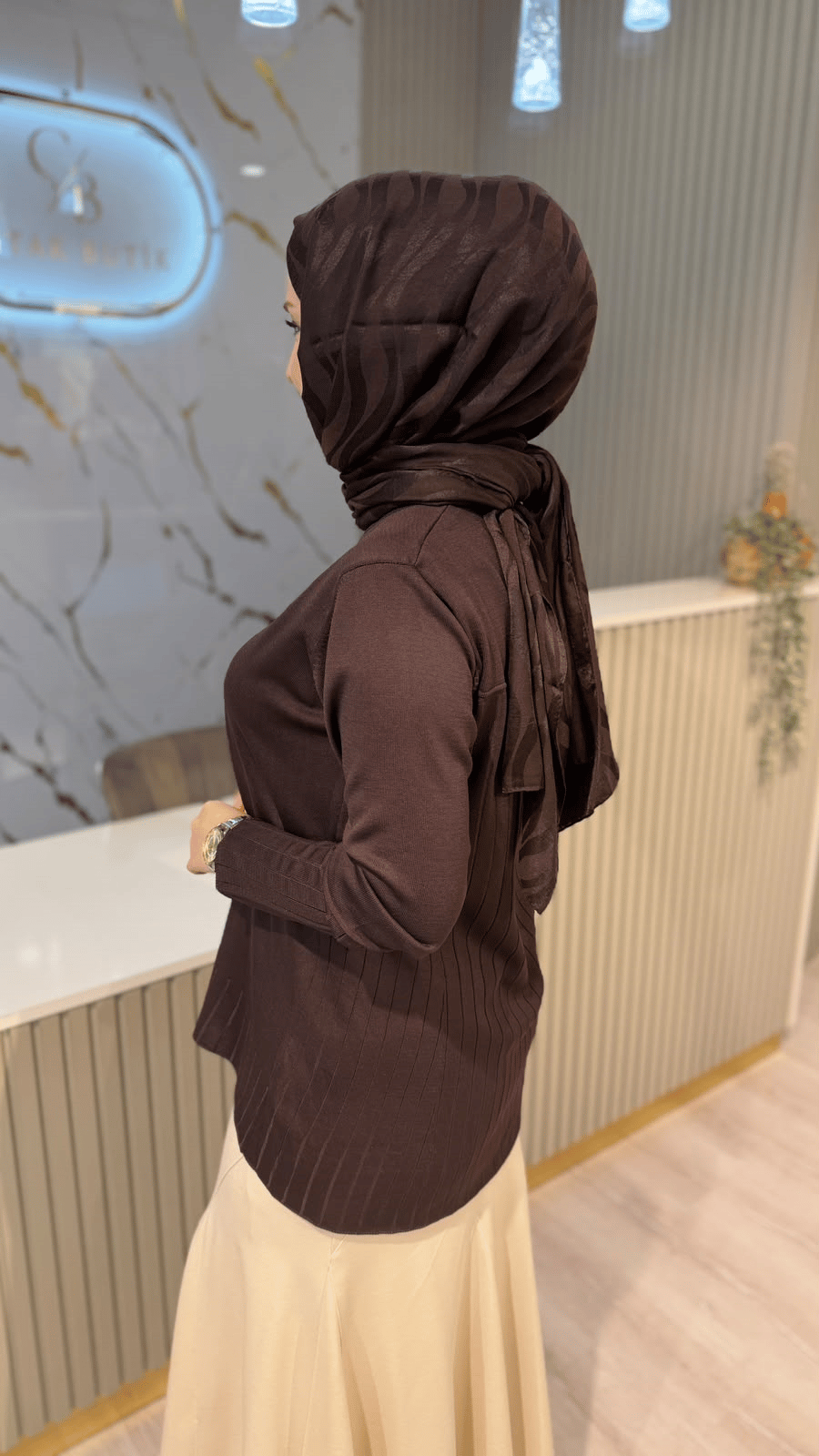 36139 ÇİZGİ DESEN  MERSERİZE BLUZ - ACI KAHVE