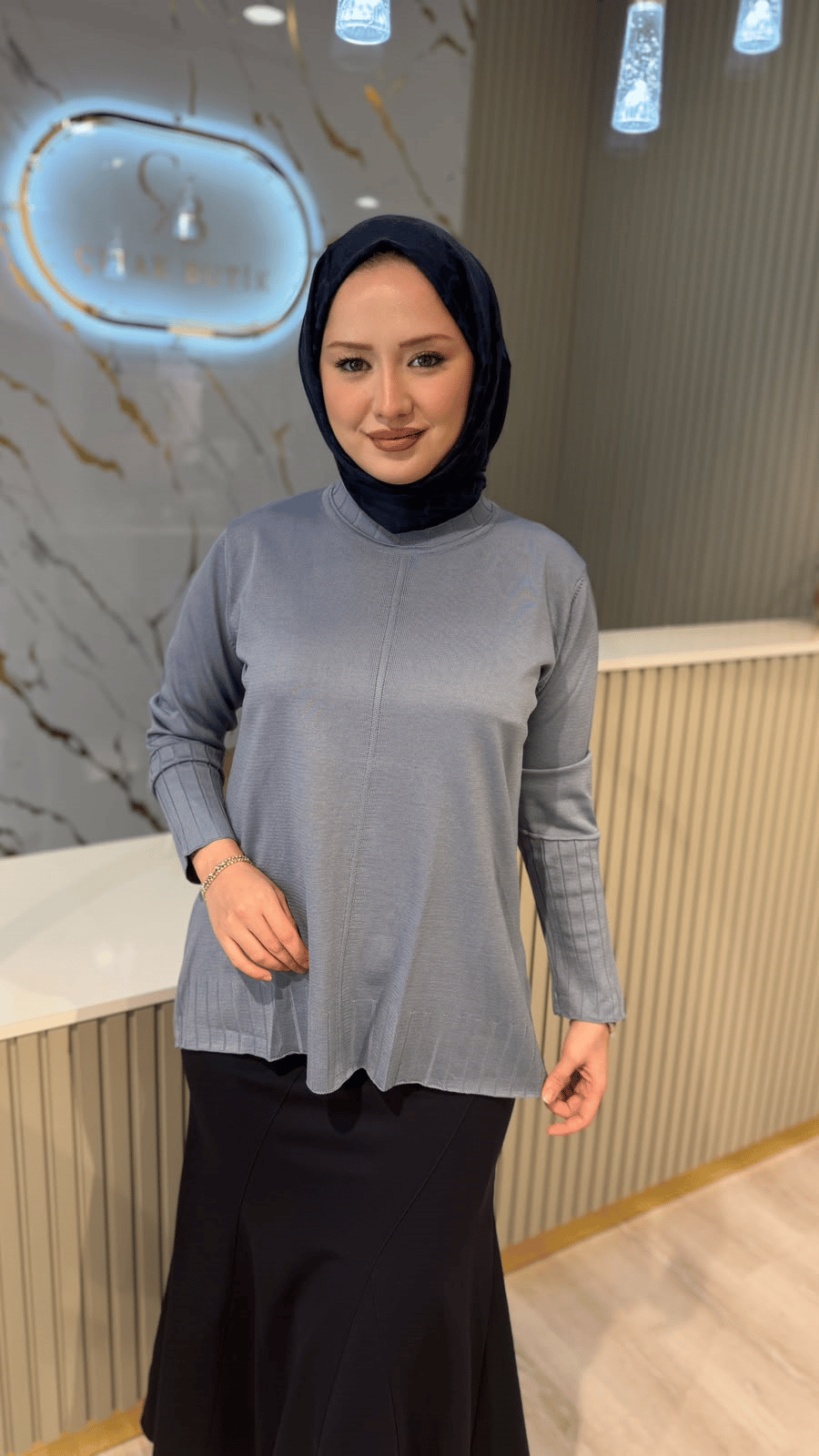 36139 ÇİZGİ DESEN  MERSERİZE BLUZ - İNDİGO