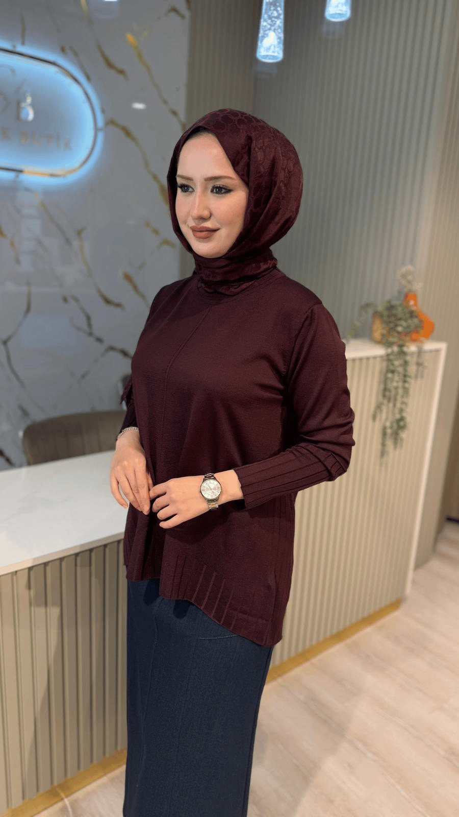 36139 ÇİZGİ DESEN  MERSERİZE BLUZ - MÜRDÜM