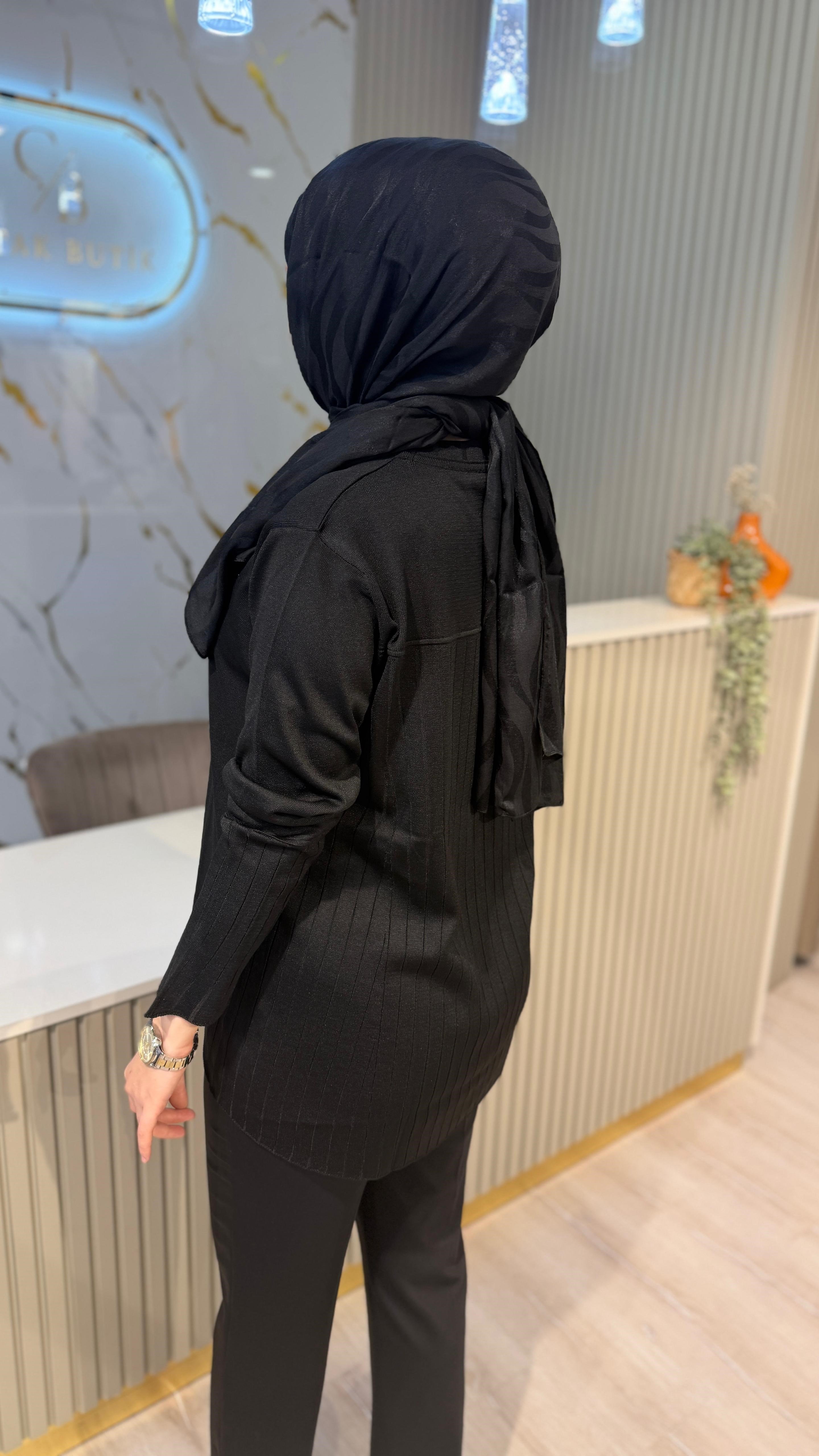 36139 ÇİZGİ DESEN  MERSERİZE BLUZ - SİYAH