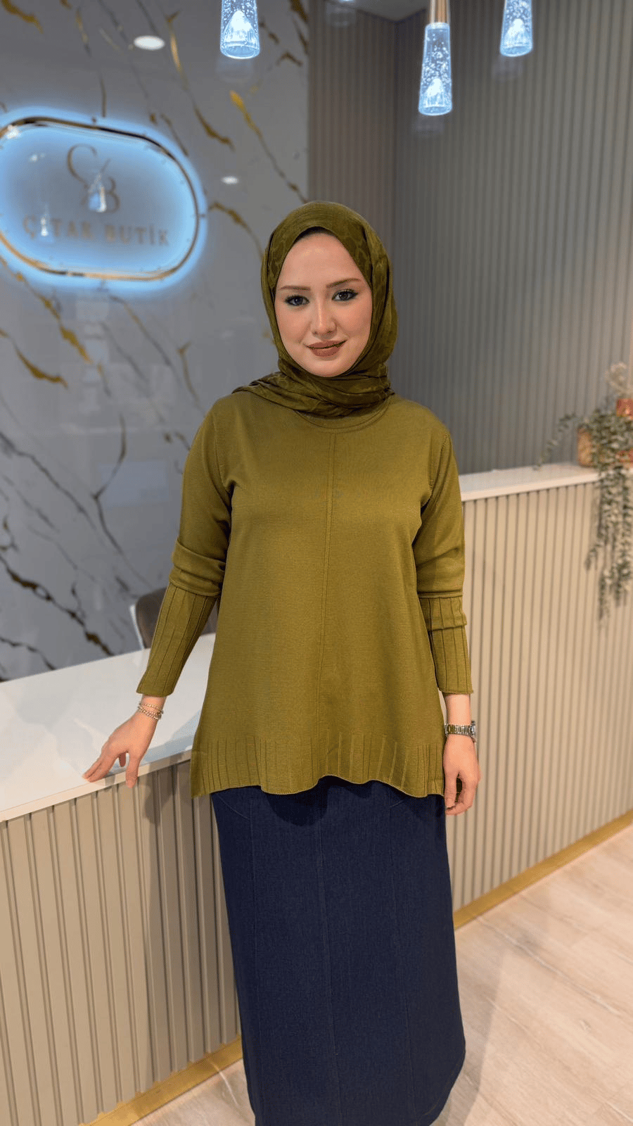 36139 ÇİZGİ DESEN  MERSERİZE BLUZ - YAĞ YEŞİLİ