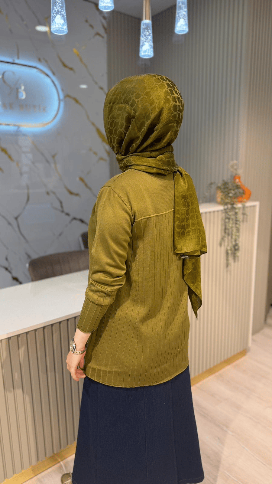 36139 ÇİZGİ DESEN  MERSERİZE BLUZ - YAĞ YEŞİLİ