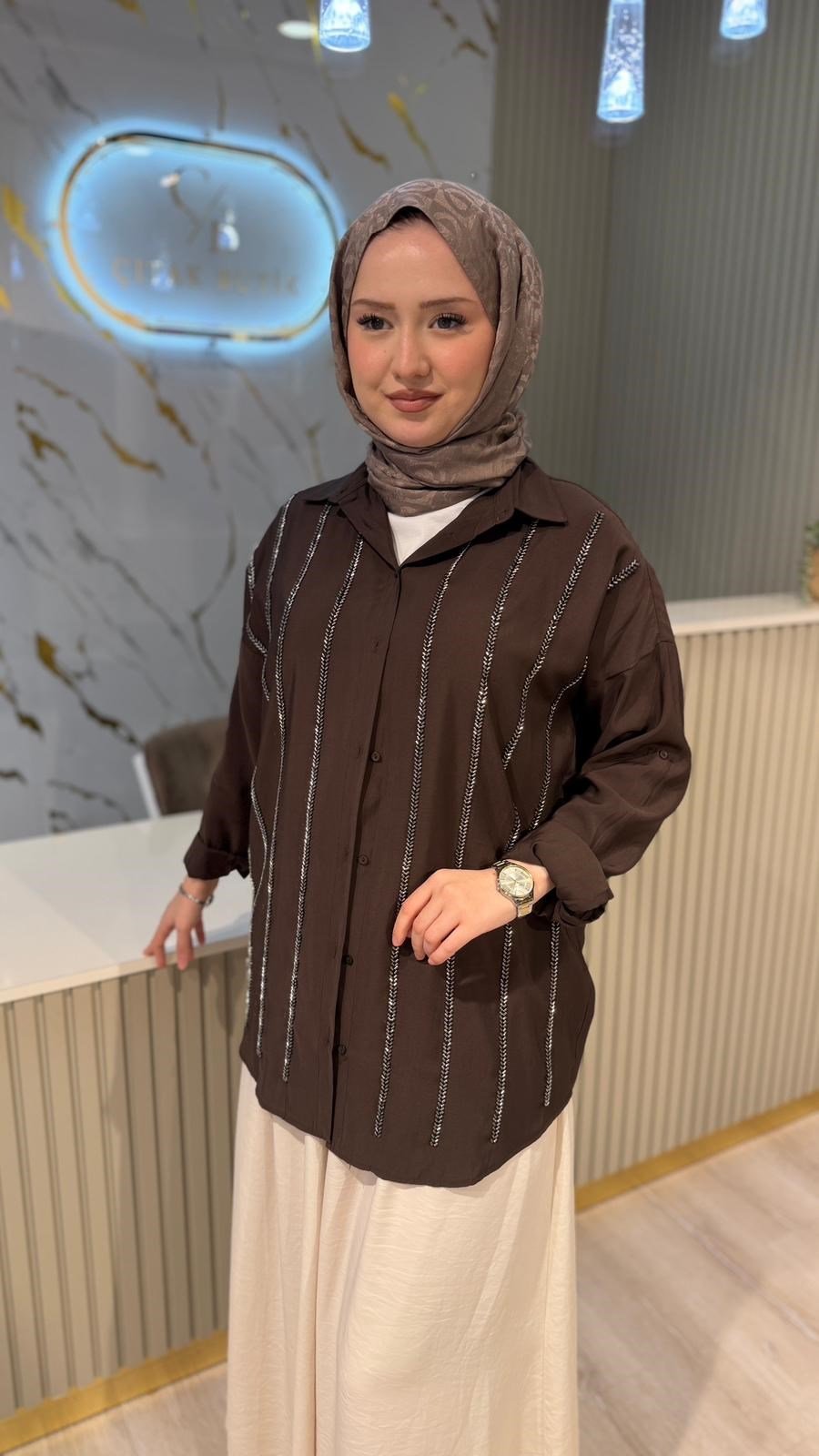 5172 NAKIŞLI GÖMLEK - KAHVE