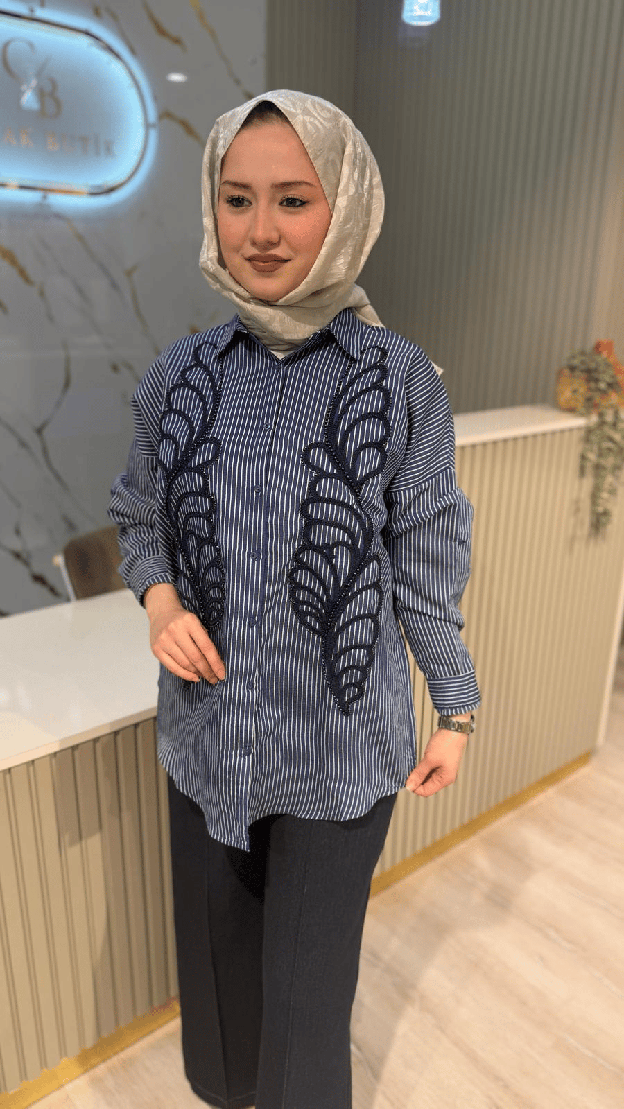 5201 NAKIŞ VE ÇİZGİ DETAY GÖMLEK - LACİVERT