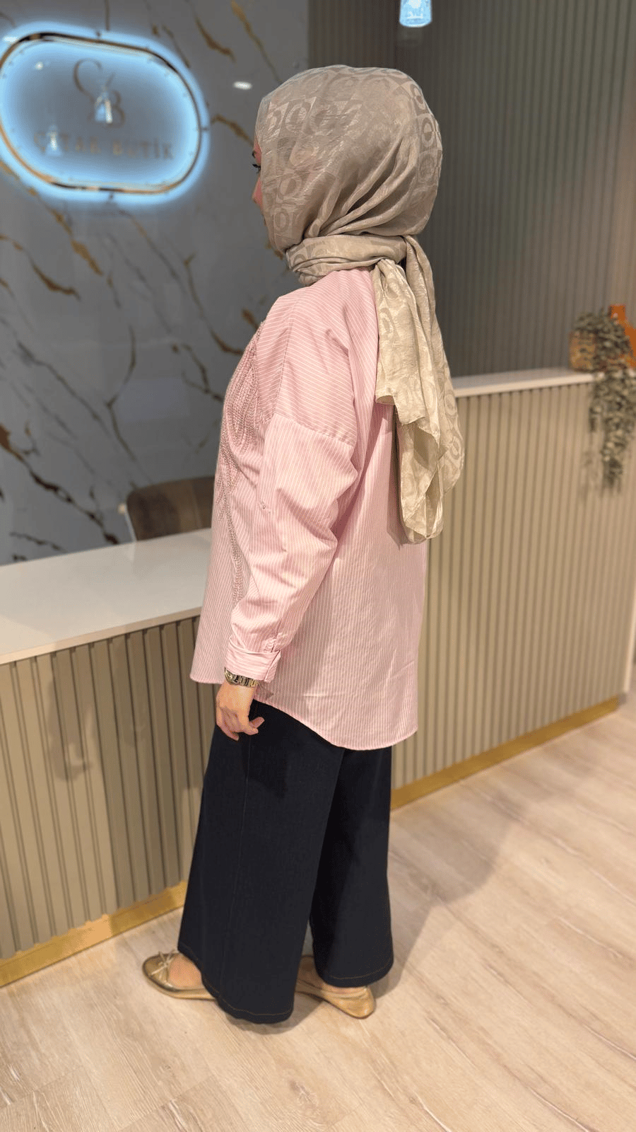 5201 NAKIŞ VE ÇİZGİ DETAY GÖMLEK - PEMBE