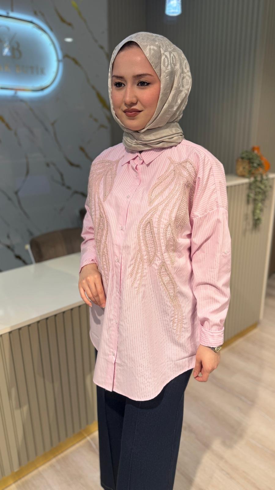 5201 NAKIŞ VE ÇİZGİ DETAY GÖMLEK - PEMBE